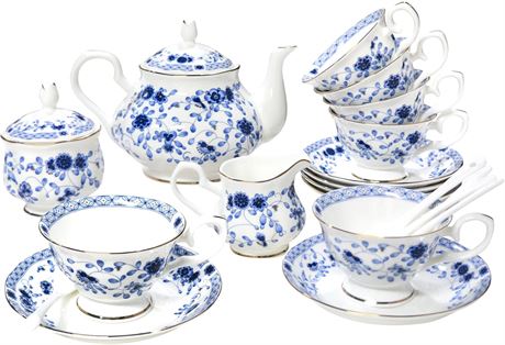 Bone China 21-Piece Tea Set for 6 with Teapot, Cups & Saucers, Sugar Bowl