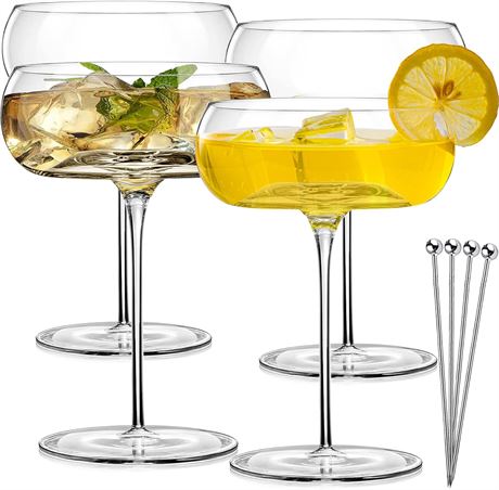 Fluted Martini Glasses Set of 4: Cocktail/Coupe Glasses with Picks, Barware