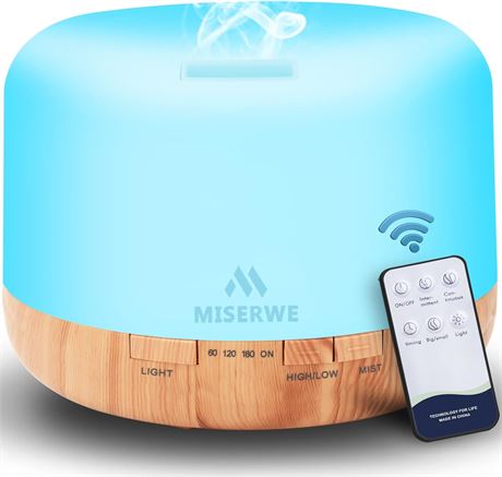 Miserwe 500ml Essential Oil Diffuser with Remote, 7-Color LED, Auto Shut-Off