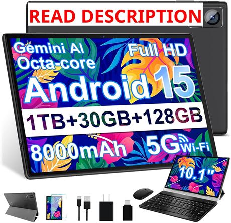 Android 15 Tablet, 30GB RAM, 128GB ROM, 10.1in, Octa-Core, 8000mAh, Black