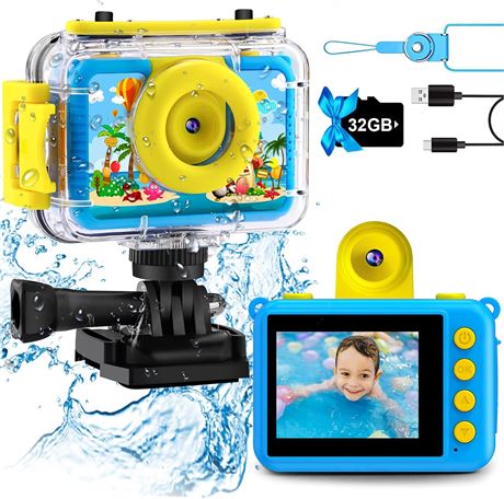 GKTZ Waterproof Kids Camera 20MP, Rotating Lens, 32GB SD Card, Blue