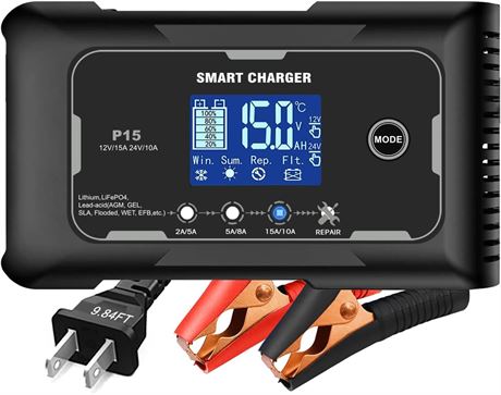 Chargeur intelligent 15A 12V/24V LiFePO4, AGM, Gel, réparation