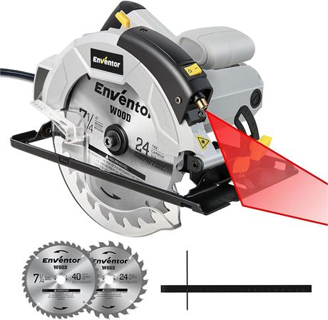 Enventor 7-1/4 in Circular Saw, 10A, Laser Guide, 40T/24T Blades, depth