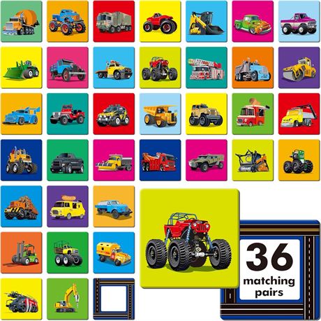 Hebayy Truck Matching Game - 72 PCS Memory Cards, 36 Pairs, Transportation Toys