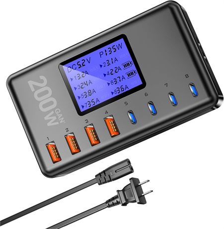200W USB Charging Station, 8 Ports (4 USB-C + 4 USB-A), LCD Screen Power Hub