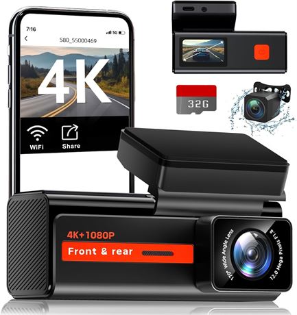 Dashcam Veement 4K+1080P avant/arrière vision nuit + carte 32Go