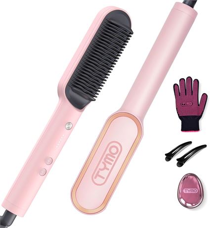 TYMO Straightener Brush 2-in-1 Flat Iron & Comb, Anti-Scald, 5 Temp, Pink