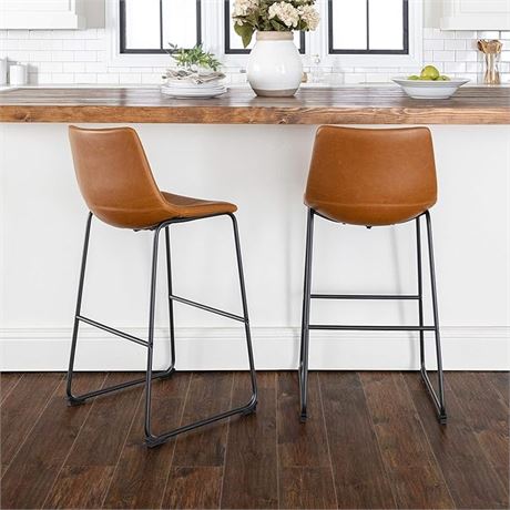 HCD Ladil Tan Brown Stool, Back & Footrest Barstool, Brown Tan Leather