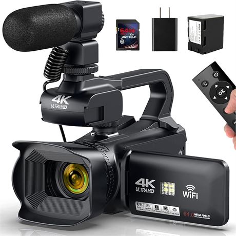 Caméscope 4K 64MP Écran 4” Stabilisé Micro Externe Télécommande