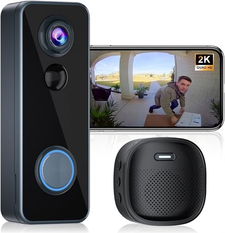 Doorbell Camera 2K HD, Wireless, Battery-Powered, Motion Alerts, 2.4G WiFi
