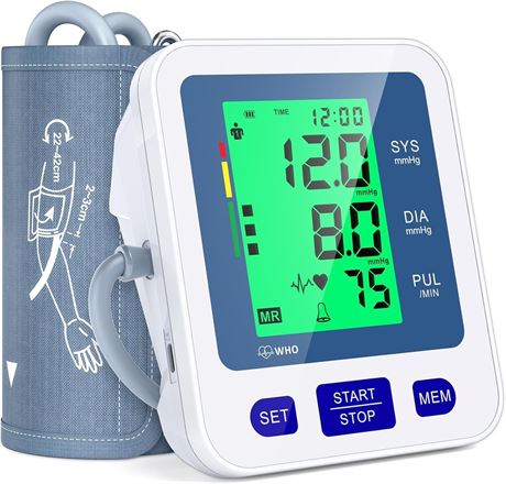 Automatic Blood Pressure Monitor with 3-Color Display, 2x99 Memory, Large Cuff