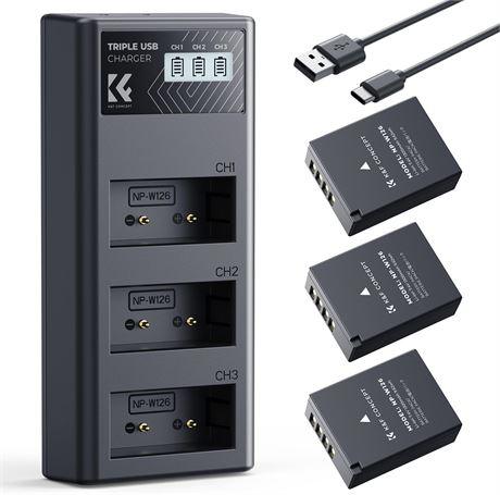 K&F Concept 3-Pack NP-W126S Battery & Charger for Fujifilm Cameras