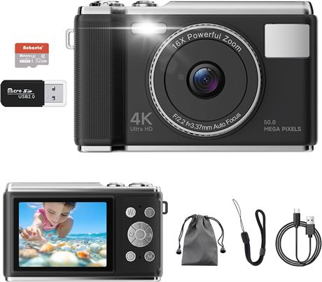 4K Digital Camera 50MP Vlogging Cam with 32GB Card, 16x Zoom, Compact Design