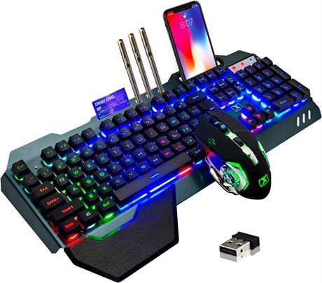 Wireless Gaming Keyboard and Mouse with Rainbow Backlight, 3800mAh Battery
