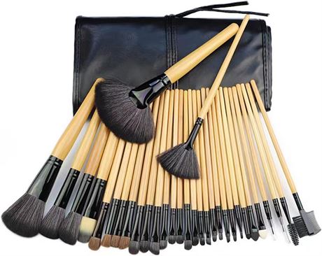 32PCS Makeup Brushes Set with Bag, Wooden Handle Beauty Tools, Natural Wood