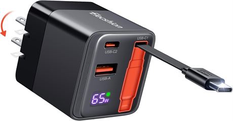 Chargeur Mural 65W GaN USB-C Câble Intégré PPS