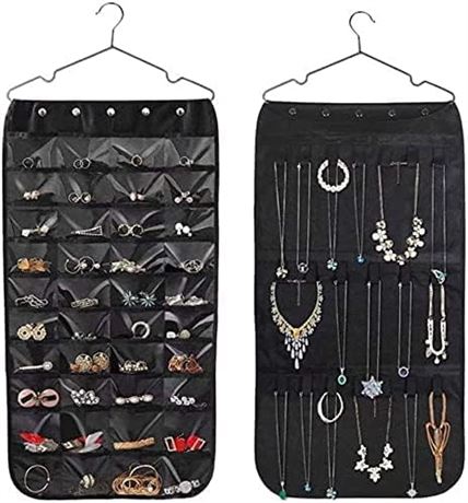 Hanging Jewelry Organizer - Double-Sided, 40 Pockets, 20 Tape Hooks, Black