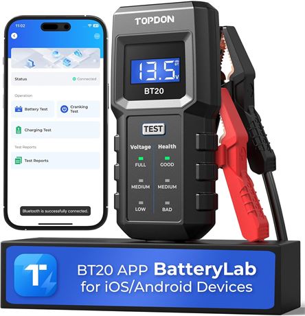 TOPDON BT20 12V Battery Tester Bluetooth Load & Charging Analyzer for Vehicles