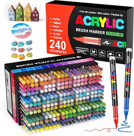 DICEKOO Acrylic Paint Markers 240 Colors, Brush Tip, No Bleed, Water-Based