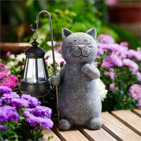 Goodeco Cat Statue with Solar Lantern, Outdoor Garden Patio Decor, 19.5cm