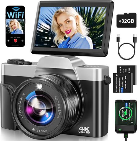 4K Digital Camera WiFi 64MP Auto-Focus, Vlogging 3' Flip Screen, 16x Zoom