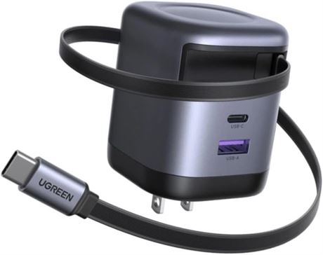 UGREEN 65W GaN Retractable USB-C Wall Charger with Built-in Cable, 2-Port