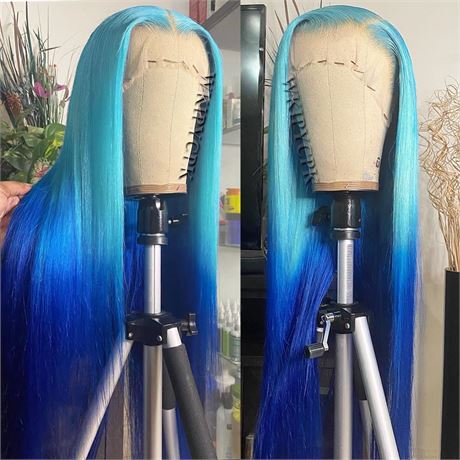 Blue Lace Front Wig - Long Straight Hair, Ombre, Heat-Resistant Synthetic