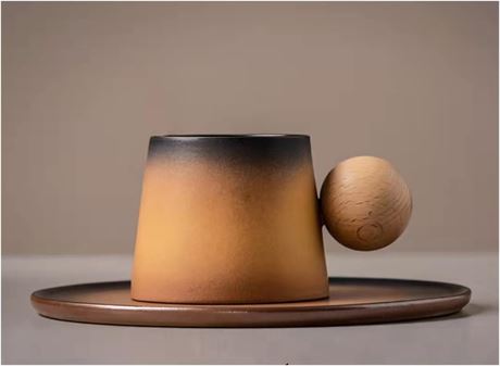 Tasse et Soucoupe Céramique, Couleur Dégradée avec Poignée en Bois
