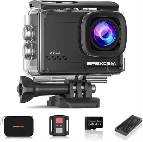 Apexcam 4K60 Action Camera 64GB Card Waterproof 40m LCD 2.0' 2x1350mAh