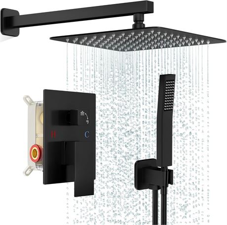 FPXRNG Black Shower Faucet Set - Rainfall Head & Handle, Black 10 inch