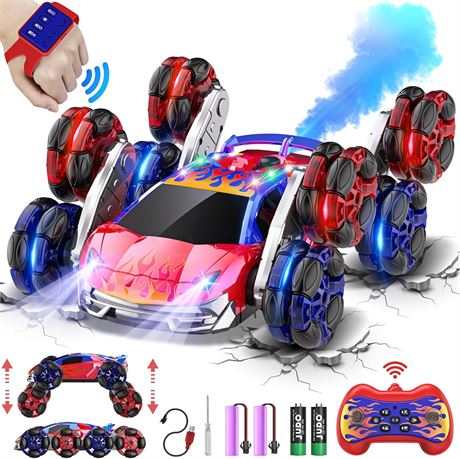 8WD RC Car, 2.4GHz Gesture Sensing Stunt Car with Lights & Music (Red)