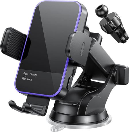 Wireless Car Charger 15W Auto Clamp Phone Mount with LED, Fast Charging Holder