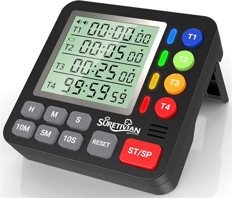 Digital Kitchen Timer - 4-Channel Count Up/Countdown, Loud Alarm