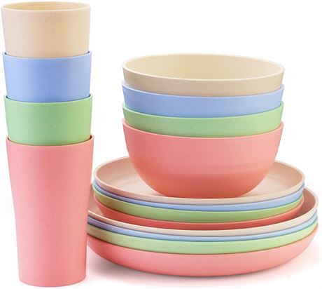Wheat Straw Dinnerware Set for 4   16pc; Plates, Bowls, Cups; Dishwasher Safe