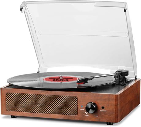 Mersoco Bluetooth Belt-Drive 3-Speed Turntable, Built-in Speakers, Wooden