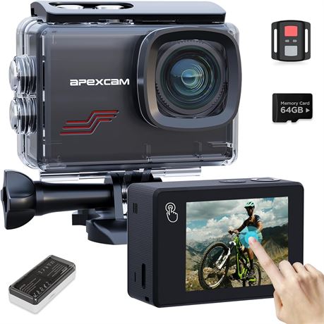 Apexcam M80PRO Action Cam 4K 64MP, Waterproof 40m, 8X Zoom, 64GB Kit