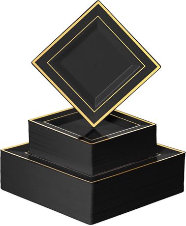 BloominGoods 100-Count Disposable Black Square Plates, 6.5 & 10 in Gold Rim