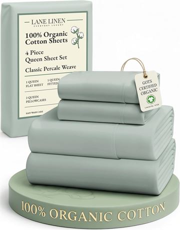 Lane Linen 100% Organic Cotton Queen Sheet Set Percale Pocket Cloud Blue