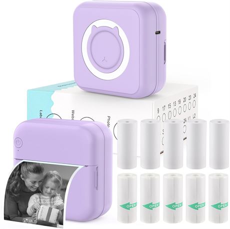 Mini Sticker Printer Pocket iPhone Thermal Printer with 10 Rolls Paper (Purple)