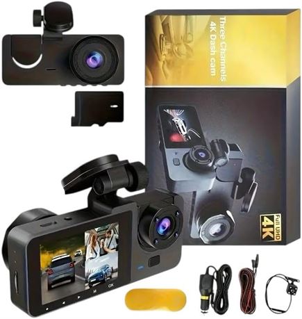 4K+1080P Car Dash Cam, 32GB SD, 3-Channel Front/Rear/Interior, WDR