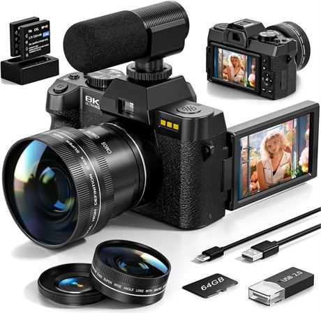 8K Digital Camera Kit, 64MP, 180  Flip Screen, 2 Batteries
