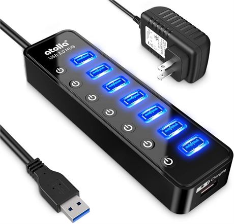 Atolla Powered USB Hub 3.0, 7-Port Splitter with Smart Charging + Switches