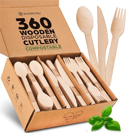 360 ustensiles bois jetables, biodégradables, fourchettes/couteaux/cuillères