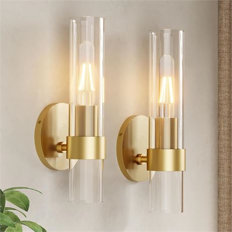 Wall Sconces Set of Two with 2 LED Bulbs, Glass Modern Wall Lights, Gold
