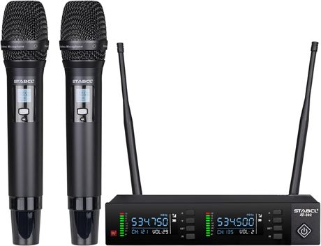 Wireless Microphone System with Auto Scan, UHF 2x100, Metal Mics Set, 300ft