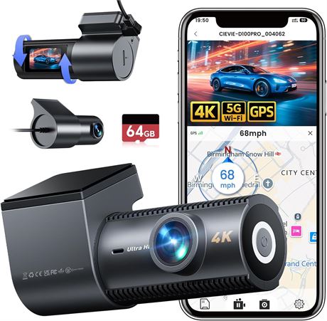Dash Cam Front/Rear 4K+1080P, 64GB, GPS