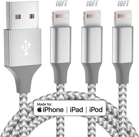 Câble Bkayp iPhone MFi, 3x 3m, Lightning, charge rapide, gris/blanc