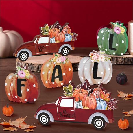 Décos automne 6pcs, citrouille bois, plateau Thanksgiving