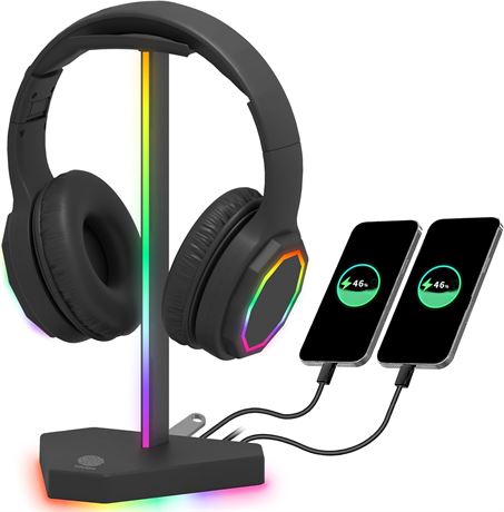RGB Headphone Stand with 3 Type-C Ports, 7 Light Modes, Non-Slip Base, Black