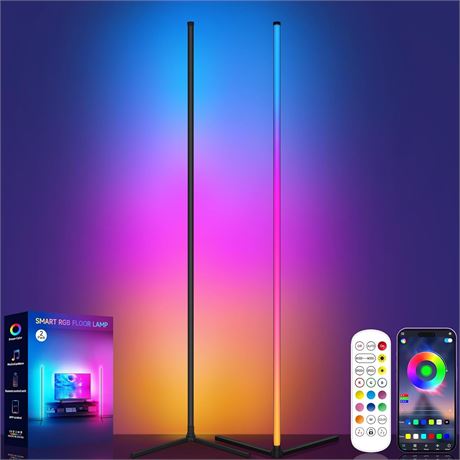 Tyute LED Corner Floor Lamp, RGB Music Sync, Remote, Smart App, Mood Lighting